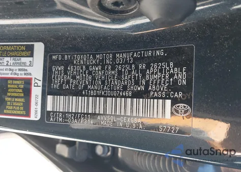 2013 Toyota Camry Hybrid Xle from USA, damaged, VIN 4T1BD1FK3DU074468